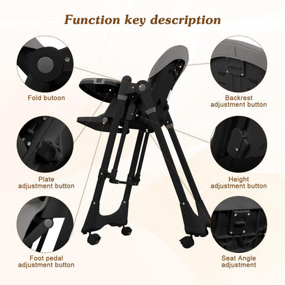 3-in-1 Baby High Chair with Soothing Rocker | Convertible Baby High Chair for Babies and Toddlers | Brake Wheels, Easy Clean, Space Saving | Adjustable, Removable Tray (Dark Grey)