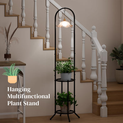 PULIJIAJU 2-tier Hanging Plant Stand Indoor and Outdoor, Space-Saving Iron Plant Shelf, 3 Potted Flower Pot Stand ,Planter Holder for Bedroom Balcony Living Room Patio Garden( n-style)