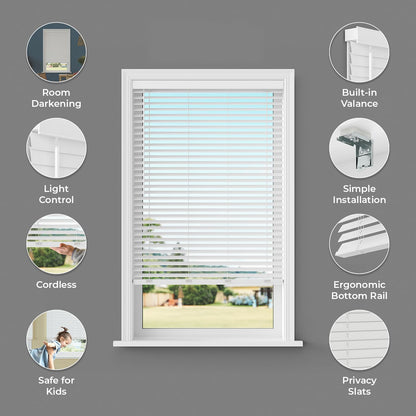 Lumino - 2" Cordless Flat Slat Faux Wood Window Blinds for Home - 22" W x 36" L - White, Faux Wood Blinds for Indoor Windows, Venetian Room Darkening Blinds