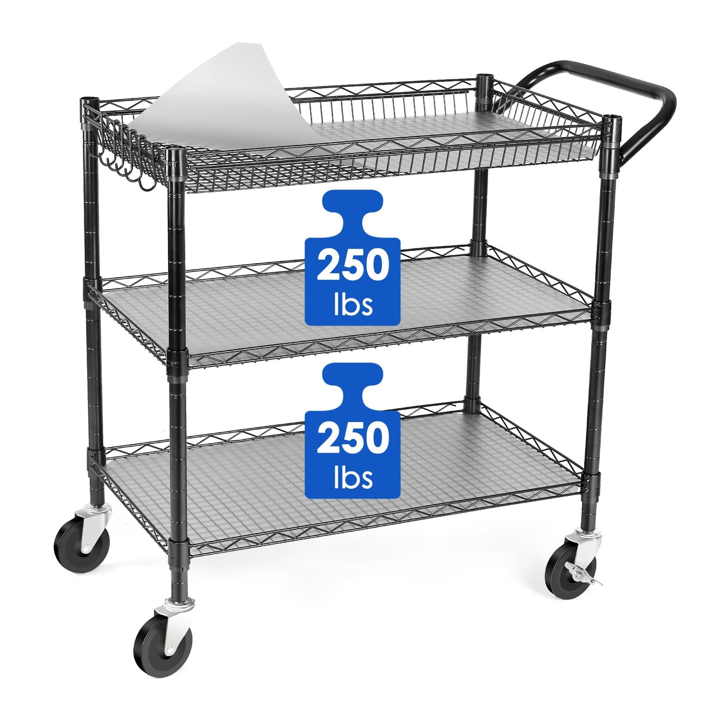 WDT Heavy Duty 3 Tier Utility Cart,Wire Rolling Cart with Wheels, Commercial Grade Service Cart with Shelving Liners and Handle Bar Metal Carts for Kitchen Office Hardware