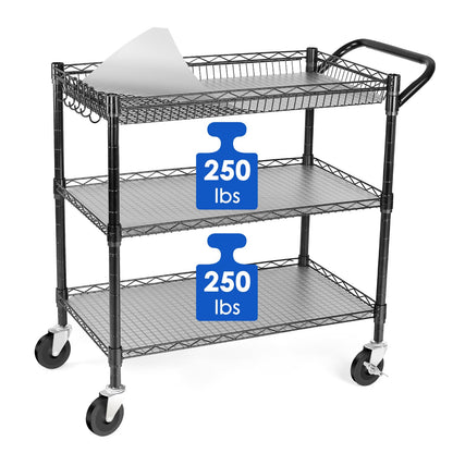 WDT Heavy Duty 3 Tier Utility Cart,Wire Rolling Cart with Wheels, Commercial Grade Service Cart with Shelving Liners and Handle Bar Metal Carts for Kitchen Office Hardware