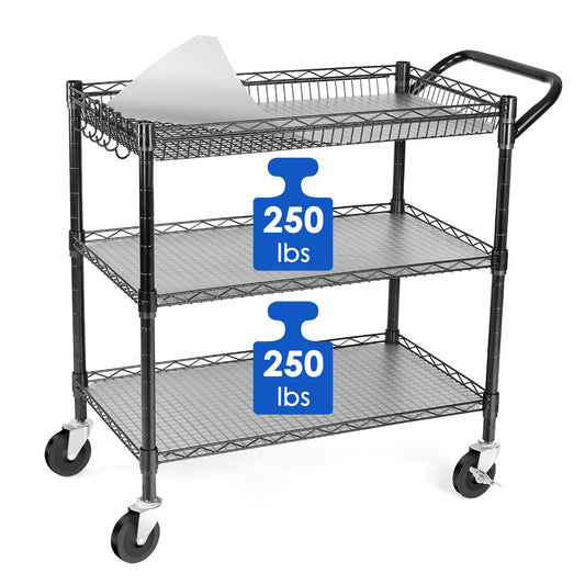 WDT Heavy Duty 3 Tier Utility Cart,Wire Rolling Cart with Wheels, Commercial Grade Service Cart with Shelving Liners and Handle Bar Metal Carts for Kitchen Office Hardware