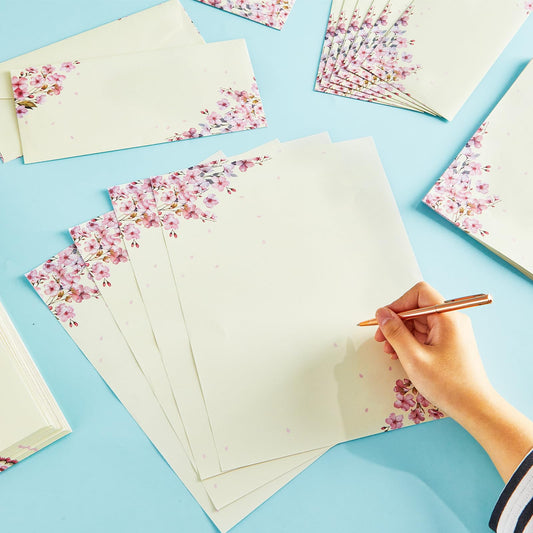 50Pcs Cherry Blossoms Letterhead with Envelopes Floral Cherry Blossoms Computer Paper Pink Floral Stationery Paper for Note Letters to Wedding Invitations Office School Printing Supplies 8.5 x 11 Inch