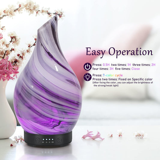 Essential Oil Diffuser Aromatherapy Diffuser - Art Glass Oil Diffuser with Auto Shut-Off Protection 4 Timer Setting 7 Colors Changed LED Night Light for Home Office Decor Gift (Grey Wave)