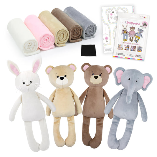 kullaloo Doll Sewing Kit ✦ DIY Plush Bunny, Bear & Elephant with Clothes ✦ Sewing Pattern & Supersoft Fabric Bundle ✦ Includes Sewing Pattern with PES & SVG Files