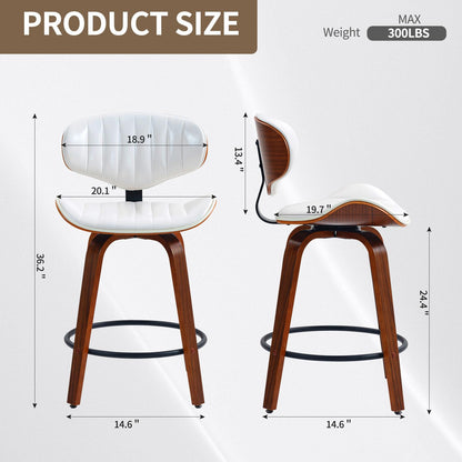 CHIDOCHILO Counter Height Bar Stools Set of 2, 24 inch PU Leather Wooden Bentwood Barstools Swivel Modern Breakfast Bar Chairs with Backrest and Footrest for Kitchen Island, Dining Room D035-White-2