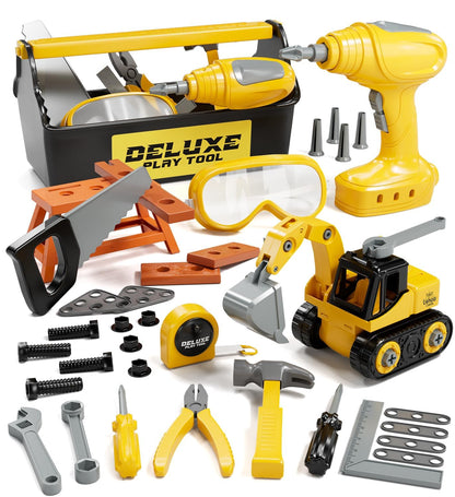 Lehoo Castle Kids Tool Set with Electric Toy Drill and Tool Box, Construction Toys for 3 Year Old Boys Birthday Gift, Pretend Play Toddler Tools for 3-5 Years Old (Yellow)