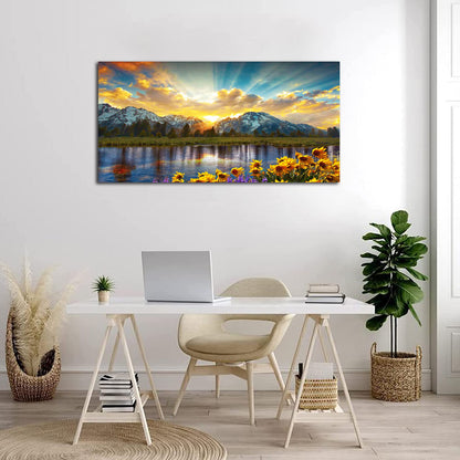 Sunset Mountain Canvas Wall Art Nature Landscape Pictures for Wall Decor Sunflowers Lake Grand Teton National Park Scenery Canvas Painting Artwork Living Room Home Office Decoration 24 x 48in