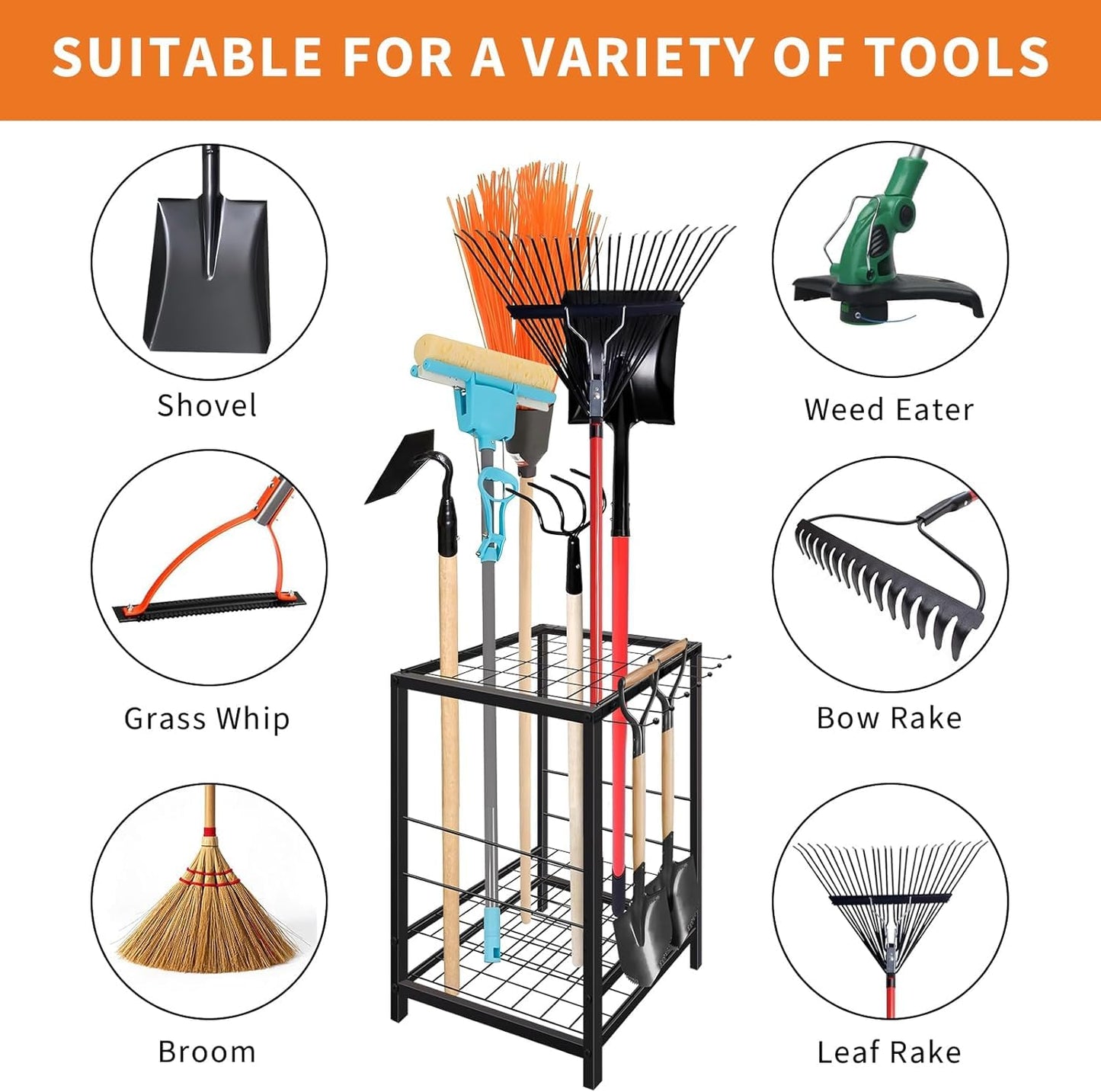 HobbyField Garden Tool Organizer, 15 * 15 * 27 Yard Tool Storage Rack for Garage, Shed, and Outdoor Use, Partitioned Tool Stand for Rakes, Shovels, Brooms, and More