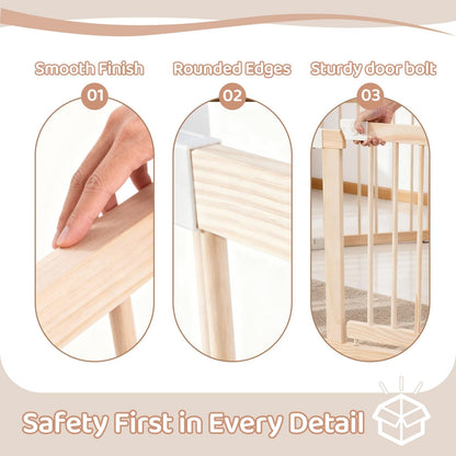 Wooden Baby Playpen, Large Foldable Play Yard for Babies and Toddlers, 57"x57"x24" Montessori Play Fence with Activity Center,Easy Fold & Safety Gate for Indoor Play Area