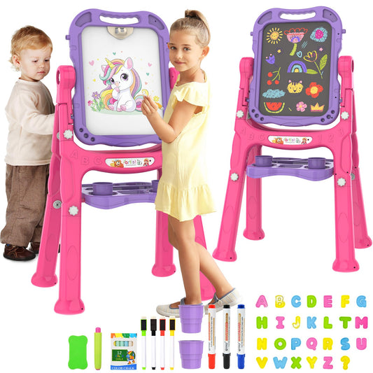 PUPPSITTY Art Easel for Kids - Adjustable Standing Rotatable Double Sided Toddler Easel with Painting Accessories, Birthday Christmas Gift for Little Boys and Girls, Drawing Board Gift for Toddlers