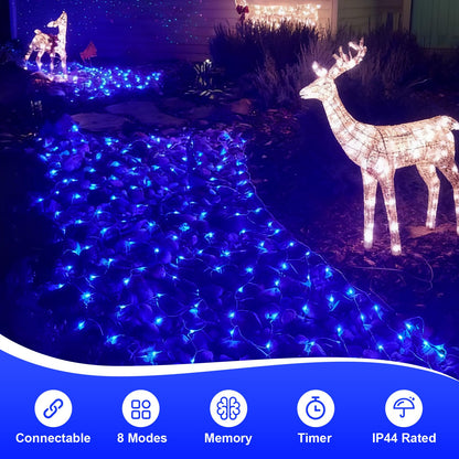 QITONG Net Lights Outdoor Mesh Lights, 12ft x 5ft 360 LED Blue Christmas Light with 8 Modes, Connectable Clear Wire Bush Light Plug in