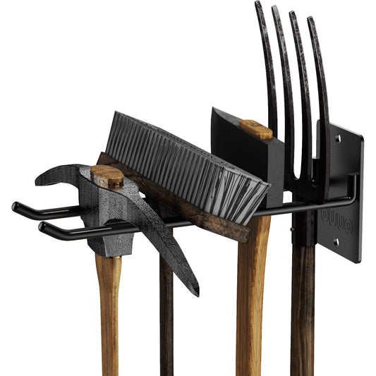 OUUO 4 Pack Garage Storage Organizer for Tool Organization Heavy-Duty Solid Steel Wall Hanger for Garden Tools - Shovel Holder, Rake Broom Yard Wall Mount Hooks - Overhead Garage Storage Rack