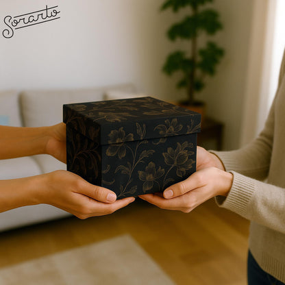 Sorarto Square Gift Boxes with Lids 4pc Set | Black Gold Floral Nesting Gift Boxes for Presents Birthday Wedding Bridesmaid Christmas