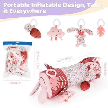 vocheer Tummy Time Pillow with Detachable Sensory Toys for Babies,Inflatable Design,Pink Rabbit, Baby Girl Toys 3-6 Months with Tummy Time Mirror, Rattles, Teether, Baby Girl Gifts