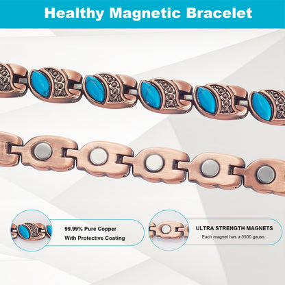 EnerMagiX Copper Bracelet for Women, 7.28inch Pure Copper Turquoise Magnetic Bracelet, Healthy Jewelry Gift (0175)