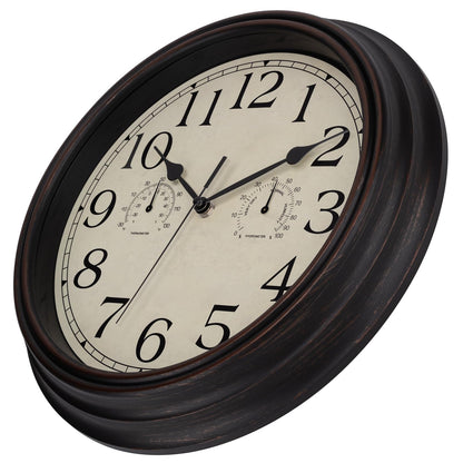 Foxtop Indoor Outdoor Waterproof Wall Clock with Thermometer and Hygrometer Combo, 14 Inch Retro Silent Non-Ticking Battery Operated Quartz Round Outdoor Clocks for Patio Home Office (Bronze)