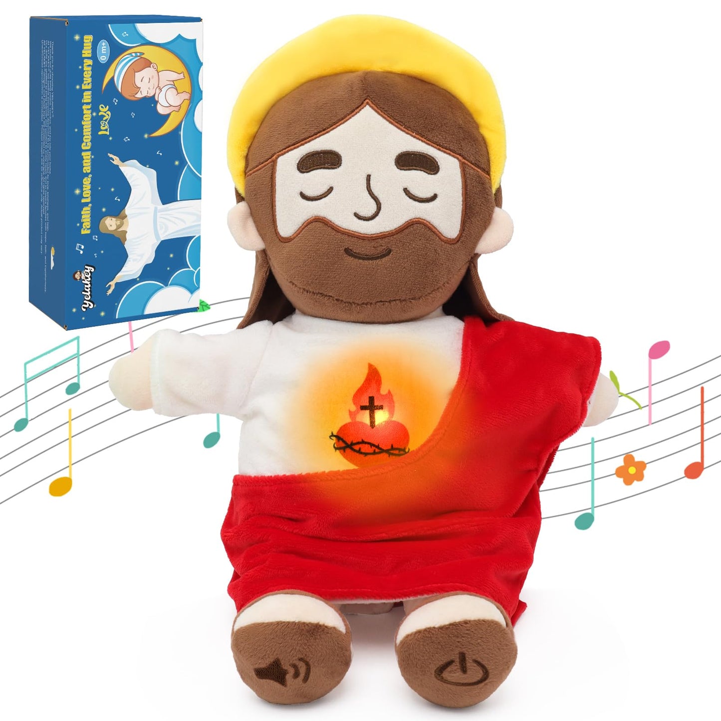 Yelakey Soothing Jesus Plush Toys with Light & Sound, 15" Jesus Stuffed Breathing Plushy Doll, Christian Catholic Religious Plushie Christmas Easter Gifts for Kids Baby (Red)