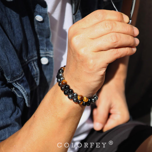Triple Protection Bracelet for Men, COLORFEY Healing Tigers Eye Obsidian Hematite Stone Bracelet Pyramid Tiger Eye Bead Bracelets 8mm, Premium Handcrafted Stainless Steel Bracelets Luck Gift for Men