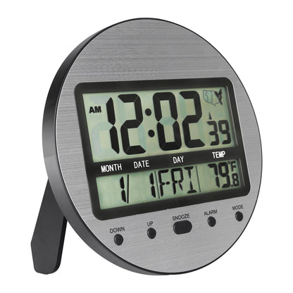 Atomic Digital Wall Clock Battery Operated, Self-Setting, Large Display with Temperature, Date, Day of The Week, Seconds, Round Wall Mount Digital Clock - 4 Time Zones, DST, Aluminum Metal Dial