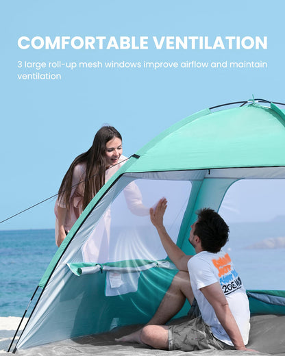 OutdoorMaster Beach Tent for 3/4 Person - Easy Setup Sun Shade Shelter, Portable Beach Shade Sun Canopy with UPF 50+ UV Protection, Removable Skylight Family Size - 4 Person Green