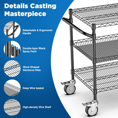 Leteuke Heavy Duty Rolling Utility Cart, 45 Inch Kitchen Carts with Wheels, NSF Commercial Grade with Handle & Shelf Liners, 1120LBS Storage Cart for Kitchen,Restaurant,Plant Display-Black