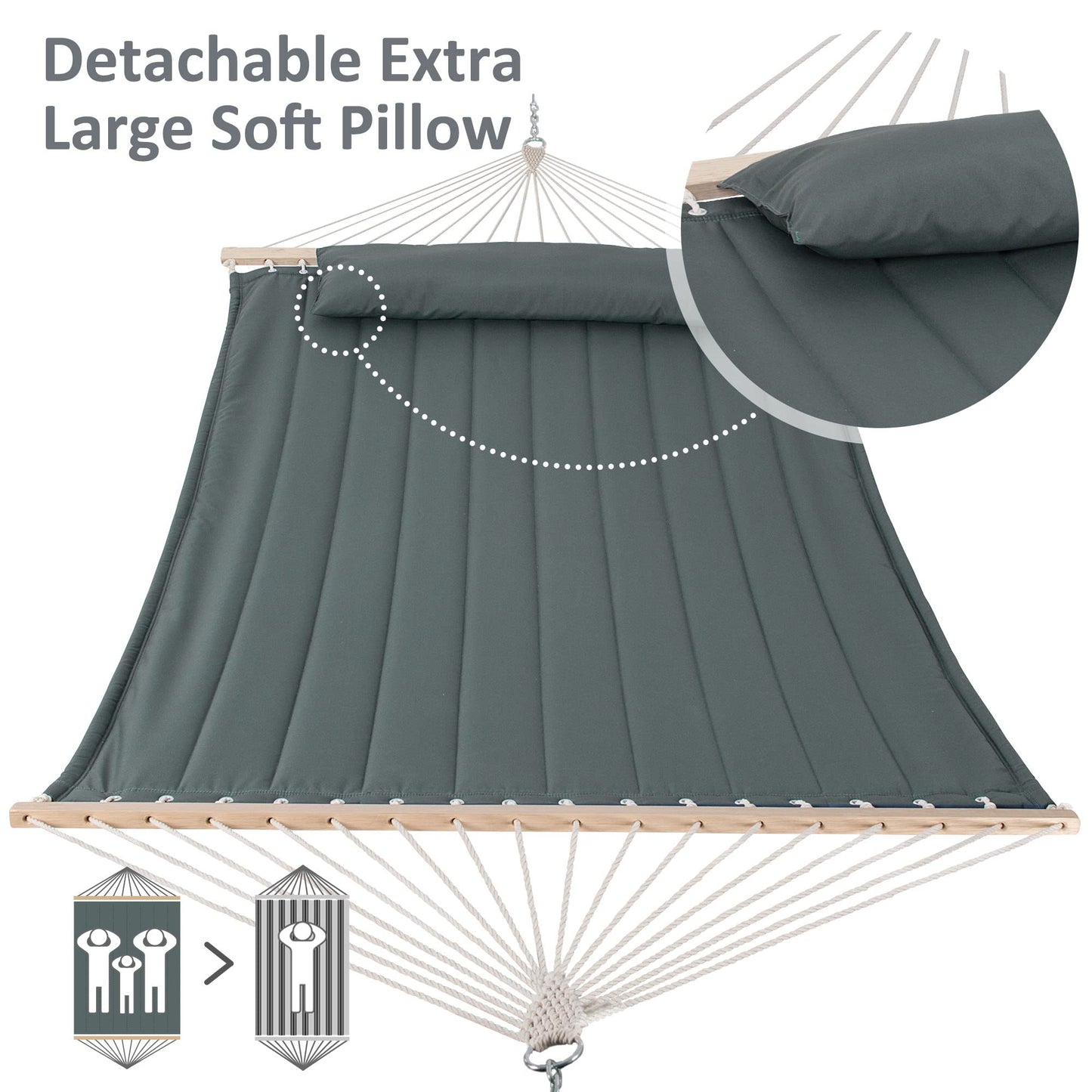 SUNCREAT Double Hammock for 2 Person, Extra Large Outdoor Portable Hammock with Hardwood Spreader Bar, Soft Pillow, 475 lbs Capacity, Gray Green