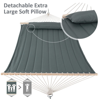 SUNCREAT Double Hammock for 2 Person, Extra Large Outdoor Portable Hammock with Hardwood Spreader Bar, Soft Pillow, 475 lbs Capacity, Gray Green