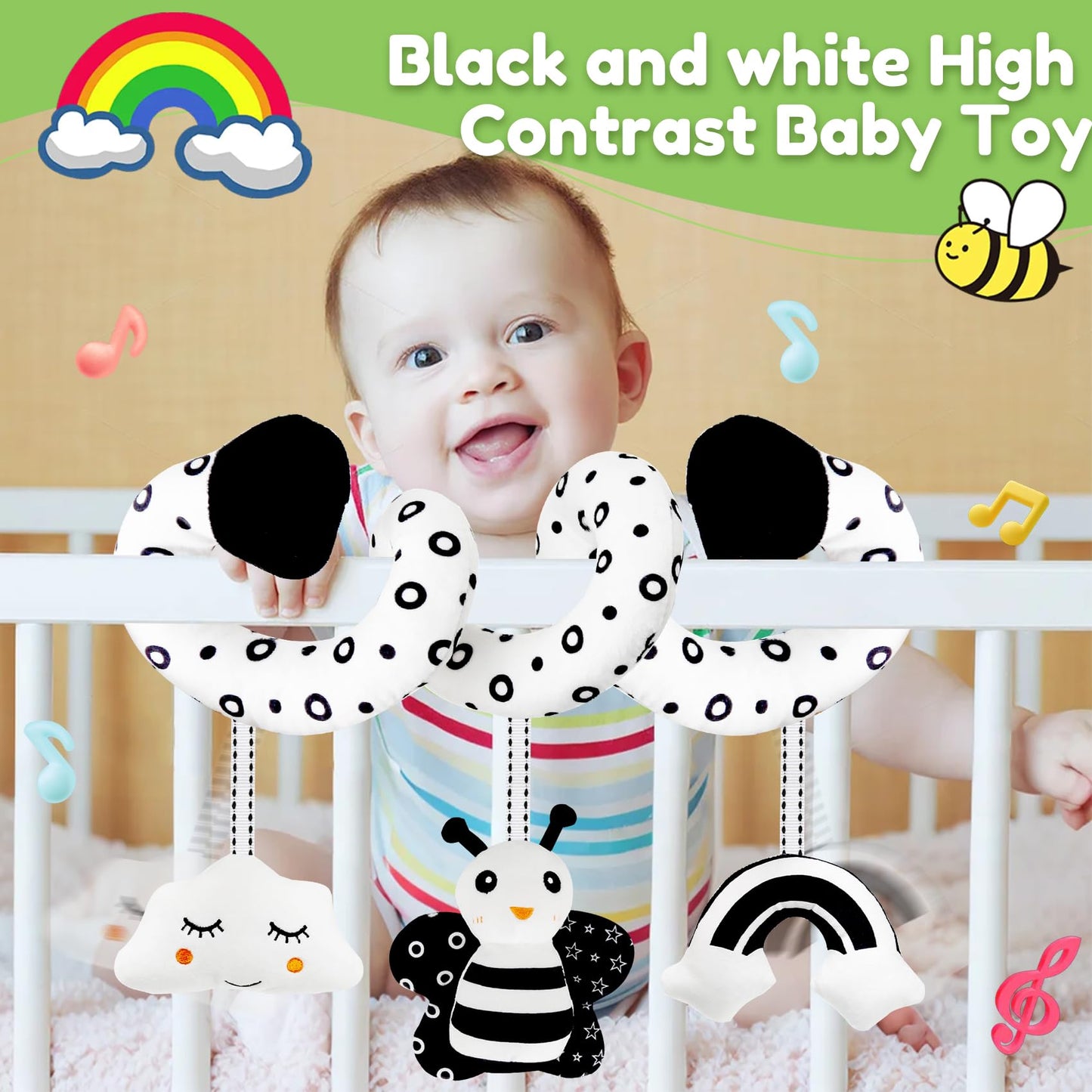 kizh Baby Hanging Stroller and Car Seat Toys High Contrast Baby Toys for Newborn Black and White Sensory Plush Activity Toys for Babies 0-6 Months-BEE