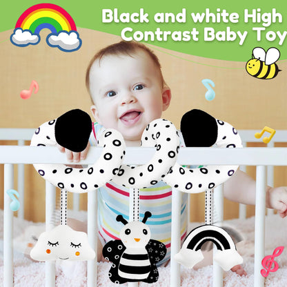 kizh Baby Hanging Stroller and Car Seat Toys High Contrast Baby Toys for Newborn Black and White Sensory Plush Activity Toys for Babies 0-6 Months-BEE