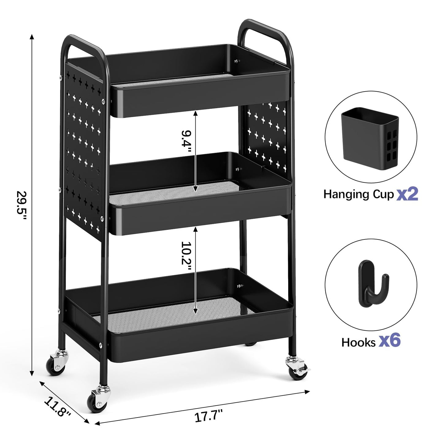 KINGRACK 3 Tier Rolling Cart with DIY Pegboard, Metal Utility Cart with Wheels, Hooks & Baskets, Sturdy Storage Organizer for Craft, Bathroom, Kitchen, Office, Nursery, Classroom