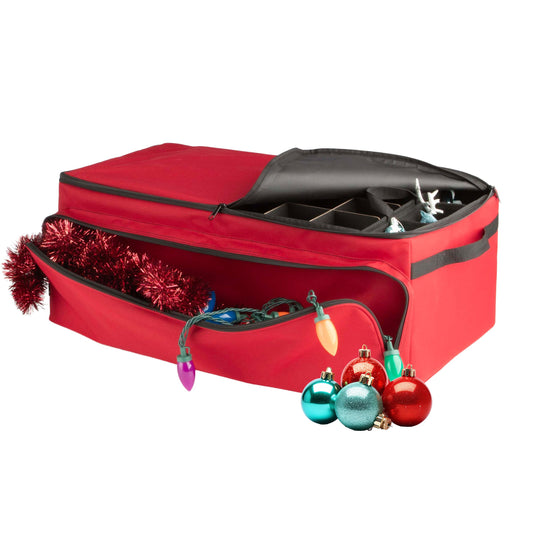 Christmas Ornament Storage Box - Christmas Ornament Organizer Storage Box with 3 Trays, Adjustable Grids, and Large Front Zipper Pocket - Fits up to 72 Bulbs and Decorations by Elf Stor (Red)