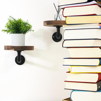 Un-OPENED BOX Round Wooden Floating Shelves Wall Mounted (Set of 2). Made of Acacia Wood. Industrial Pipe Brackets. A Unique Rustic Pedestal for Plants and Ornaments. Diameter 7.1 inches.