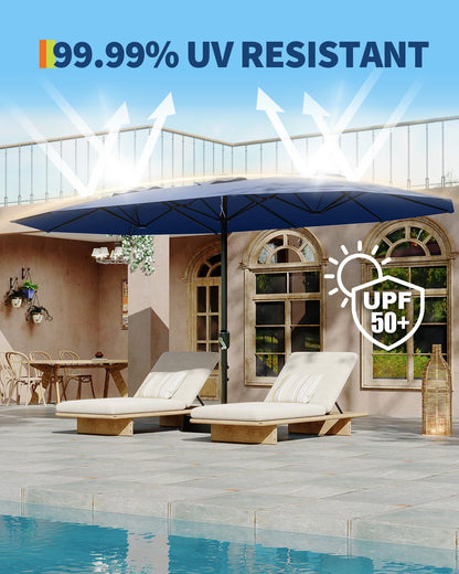 GarveeLife 15FT Large Patio Umbrella with Base Included, Double-Sided Rectangle Market Umbrella with Cross Base and Sandbag for Pool Lawn Garden (Navy Blue, 15 ft)