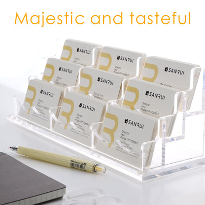 SANRUI Clear Horizontal Business Card Holder Stand for Desk, Acrylic Desktop Display Name Cards Holders Organizer Storage Rack,for Exhibition, Home, Office,3 Tier 9 Pocket, 540 Card Capacity