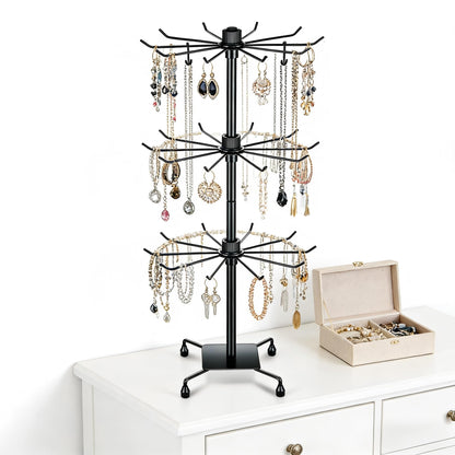 bahforam 2 Pcs 3-Tier Rotating Jewelry Display Stand, 28.35 inch Tall Floor-Standing Metal Rack with 60 Hooks Total (30 per Stand), Adjustable Tiers, Black - Necklaces, Earrings, Keychains