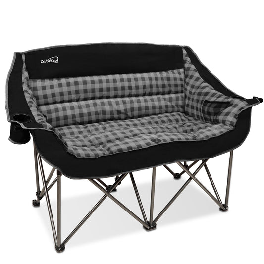 Colorsoul Double Folding Camping Chair,Fully Padded Loveseat Camping Couch,Oversized 2 Person Lawn Chair w/Cup Holder,Wine Glass Holder,Mesh Storage for Patio Picnic Beach,Support 600lbs,Black Plaid