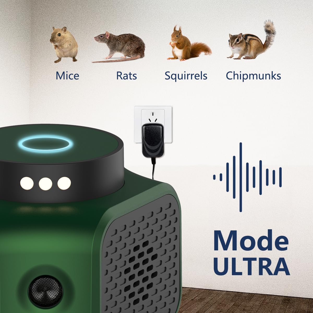 Ultrasonic Mouse Repellent Plug-in – Indoor Rodent Deterrent with 3 Modes & LED Strobe Lights, Mice Rat Squirrel Control for Attic, Garage, Basement (Green)