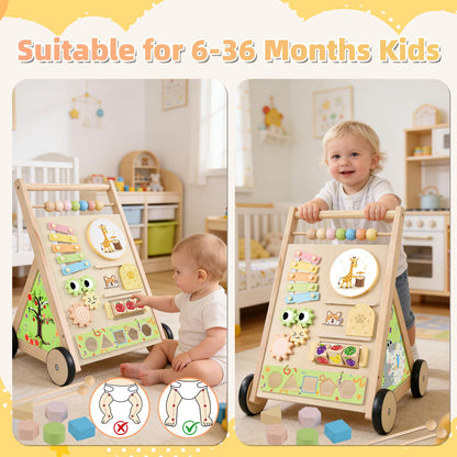 Wooden Baby Walker with Wheels Baby Push Walker for Boys Girls 6-12 Months Wooden Walker Activity Center Walking Toys for 1 Year Old Learning to Walk Sit to Stand Walker for Baby 12-18 Months Push Toy