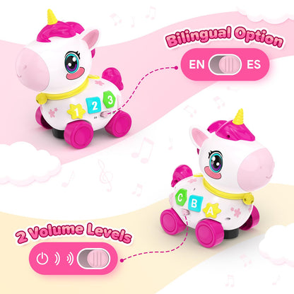 Bilingual Musical Crawling Toy for 1 Year Old Girl Gifts,Musical Unicorn Toys for Baby 6-12 Months,Baby Toys 6-12-18 Months,Toddler Educational Toy,Birthday Gifts with Music Light,Baby