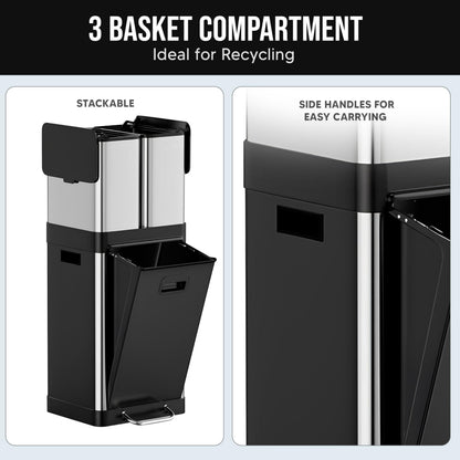 HOLDN’ STORAGE 32L Triple-Compartment Trash & Recycling Bin for Kitchen, 2 Removable Hook-On Bins, Multi-Access Opening, Odor Control, Stainless Steel, 3 Trash Bag Rolls Included