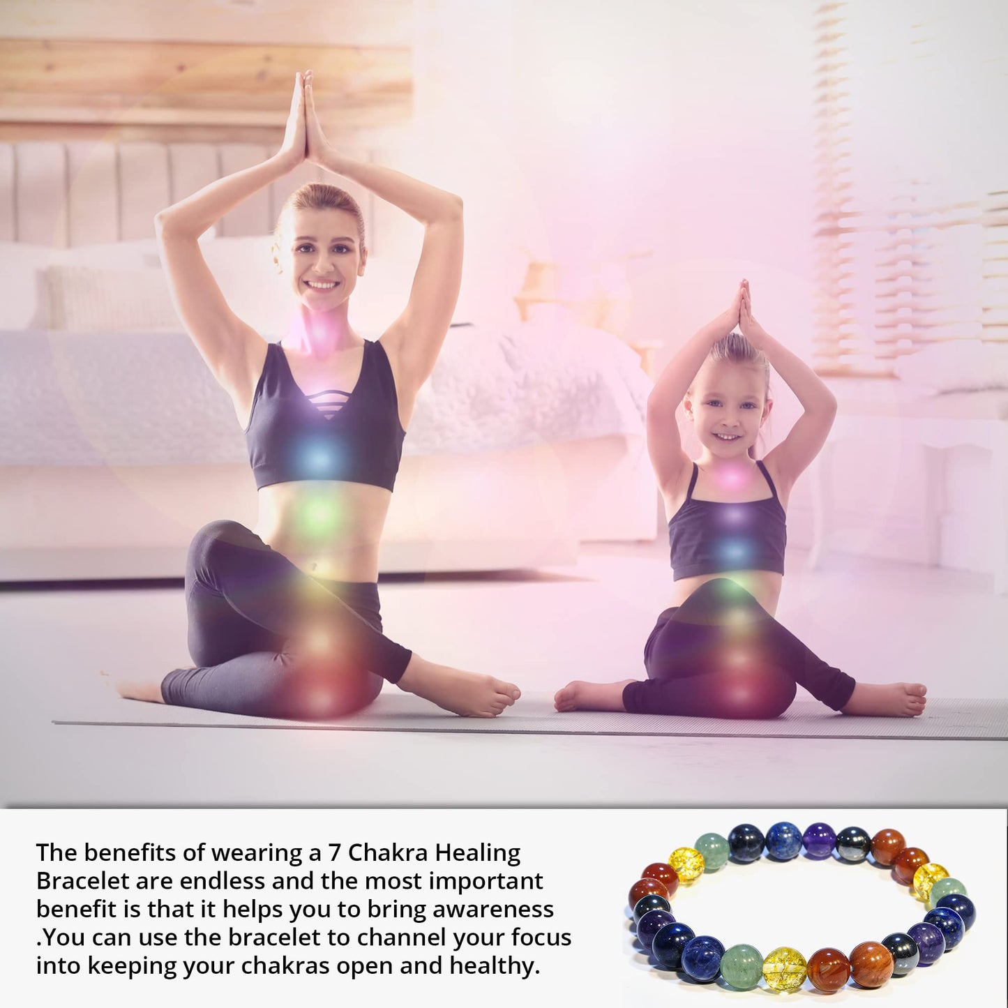 ANAYA AGATE 7 Chakra Bracelet, Natural Healing Crystal Bracelet for Women, Men, 8mm Round Beaded Bracelet for Spiritual Healing, Protection, Positive Energy, Elastic Adjustable Gemstone Bead Bracelet
