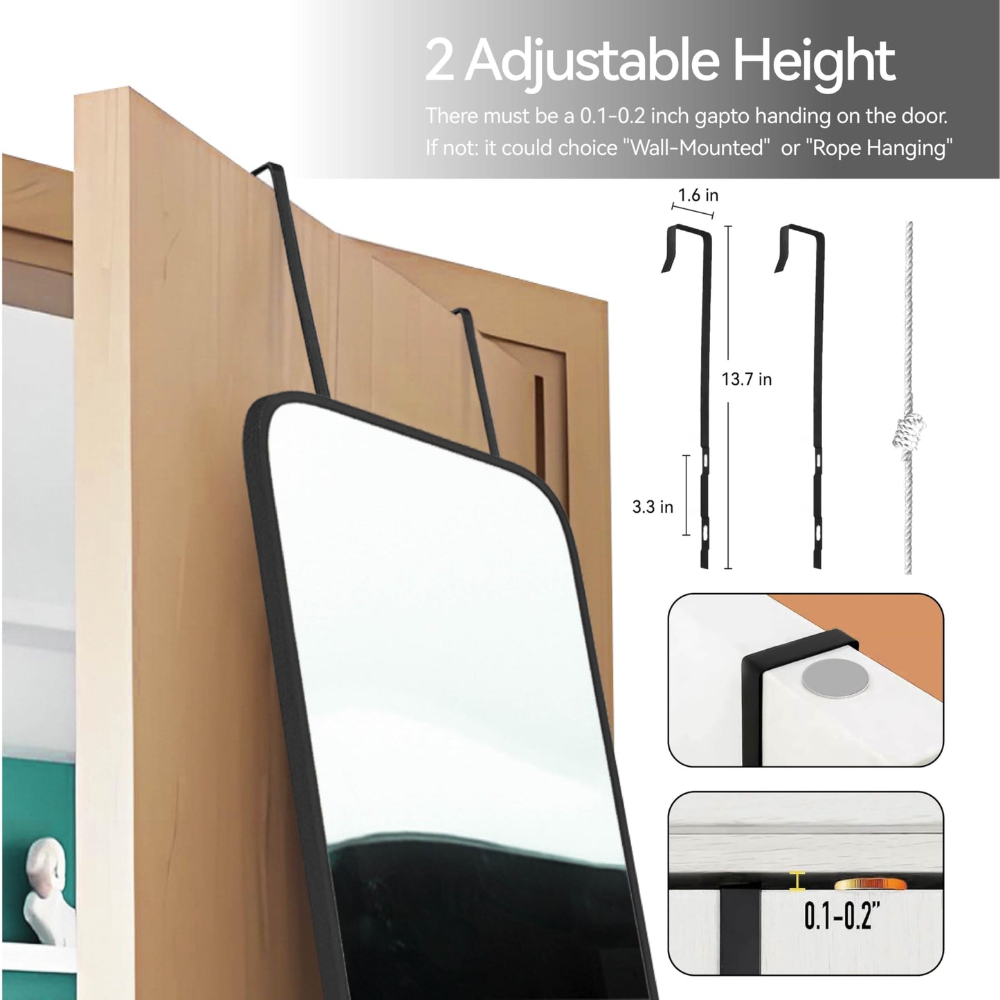 SCWF-GZ 57x20 Door Hanging Full Length Mirror, Floor Stand (Height 5.7ft just Body in1.3ft) Wall Mounted Metal Frame Rectangle Dressing Mirrors for Bedroom Living Room 57 inch Black