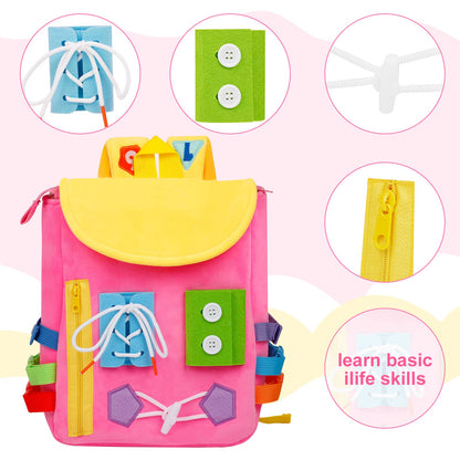 Busy Board - Toddler Backpack with Buckles and Learning Activity Toys - Develop Fine Motor Skills and Basic Life Skills - Learn to Tie Shoes - Children's Travel Toy (Pink)