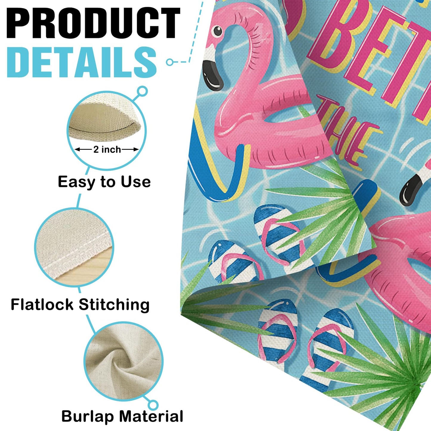 Dyrenson Summer Life is Better by The Pool Decorative Garden Flag, Flamingo Swim Rings Tropical Palm Leaves Yard Outside Home Decoration, Flip Flops Ball Outdoor Small Decor Double Sided 12 x 18