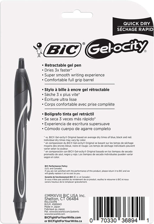 BIC Gelocity Quick Dry Assorted colors Gel Pens, Medium Point 0.7 mm, Smear Free, Retractable Gel Pens With Comfortable Full Grip, 8 Pack