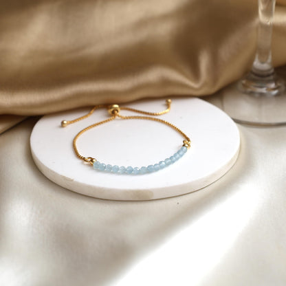 Gempires Birthstone Bracelets for Women, March Birthstone Jewelry, Aquamarine Gemstone Bolo Bracelet, 14k Gold Plated Chain (6-9 inch Adjustable Length)