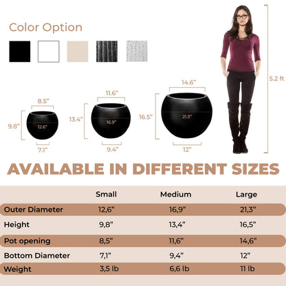 DEPLA LANE Marlo Fiberstone Round Planter, Lightweight, Durable (11.6" Pot Opening x 16.9"D x 13.4"H) Smooth Finishes, UV Resistant, Modern Minimalist Home Decor, Indoor Outdoor Plant Pot (M, Black)