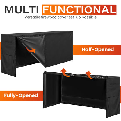 8ft Waterproof Firewood Rack Cover - Heavy Duty Black 600D Oxford Fabric - Indoor Or Outdoor Firewood Log Cover with Zipper & Adhesive Closing Strips - Rack NOT Included - Black