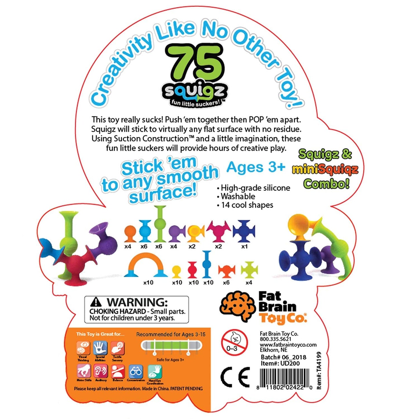 Fat Brain Toys Squigz 75 Piece Set - Suction Cup Set With Storage Bag, BPA Free Silicone Sensory Wall Toys, Stem Building Toys, Kids Travel